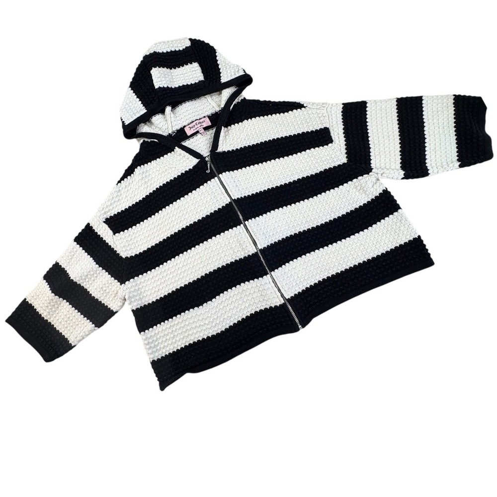 Juicy Couture Black White Knit Hoodie Cropped Cotton 3/4 sleeve M/L Y2k boho